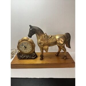 VINTAGE Gold TONE METAL HORSE & CLOCK  MOVEMENT BY UNITED MADE IN USA- Works!